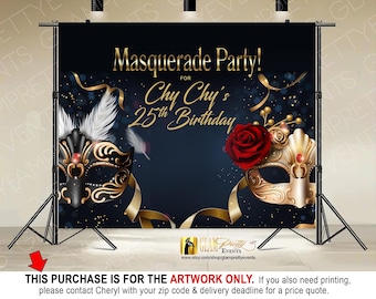 Artwork for Black & Gold Masquerade Birthday Backdrop - 10ft wide x 8ft high Venetian Mask Banner - PRINTABLE - Style Name: KARIS