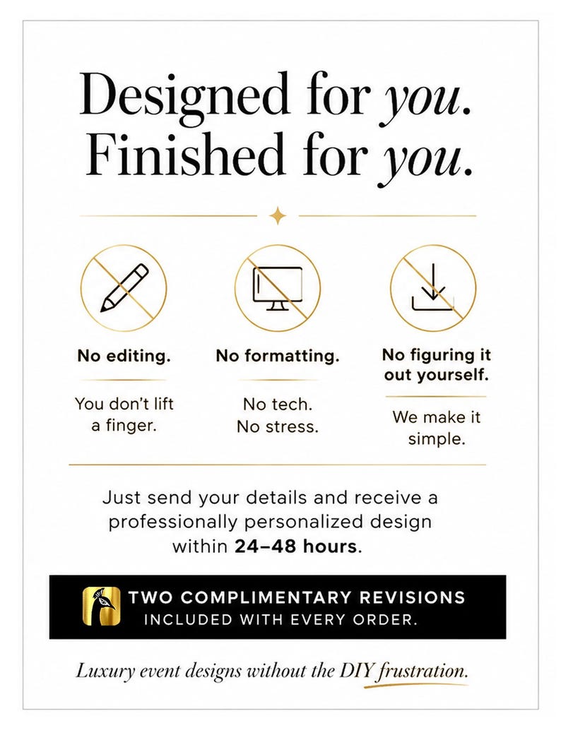 Peut inclure: Un graphique informatif blanc avec du texte noir et dor&eacute; indiquant : Designed for you. Finished for you. Des ic&ocirc;nes montrent l'absence de modification, de formatage et de t&eacute;l&eacute;chargement. Le texte inclut : You don't lift a finger. No tech. No stress.