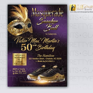 Masquerade Sneaker Ball Purple and Gold Birthday Invitation - Masquerade Sneaker Gala flyer - PRINTABLE and/or Text-Ready - Style: MAX
