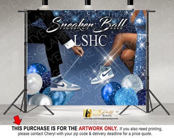 Blue Silver White Sneaker Ball Couple with Diamonds Backdrop - Artwork any age birthday Sneaker Ball Backdrop, 10ftx8ft - Style Name: LARISA