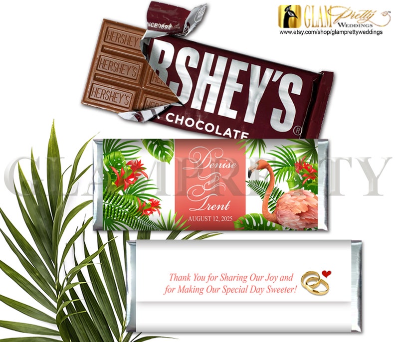 Flamingo Beach Wedding Candy Wrapper Printable Flamingo Tropical Jungle Plants Flowers Style Name: JAYME