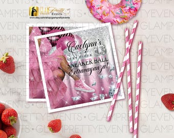 50 printed Cocktail Napkins Pink Tutu Birthday Balloons, Silver & Diamonds Sneaker Ball 3-ply paper party napkins - Style Name: LARISA