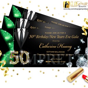 Emerald Green and Gold Glitter Black Suit and Tie with Diamonds - Glam 50th Birthday Formal Party Invite - PRINTABLE - Style Name: LESLIE