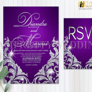 Luxe Purple with Silver Glitter Flourish Wedding Invitation & rsvp card Amethyst - bling glam glitz glamorous - PRINTABLE - Style Name: JILL