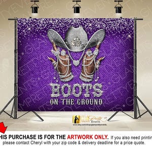 Purple Silver Bling Rodeo Fashion Cowgirl Boots on the Ground Backdrop artwork, Western Theme Diamonds Party Backdrop artwork - Style: CLEO