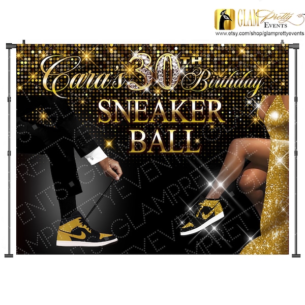 Sneaker Ball Backdrop - Gold and Black Artwork for High School Reunion Sneaker Ball Backdrop - 10ft wide x 8ft high - Style Name: LARISA