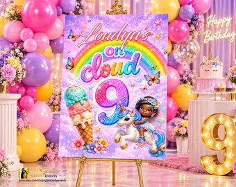Cloud 9 Birthday Welcome Sign, Rainbow Unicorn Fairy Party Sign, Unicorn Birthday Welcome Sign, Pink/Purple Party Décor - Style Name: CLOUD