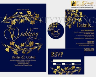 Navy & Gold Foil Wedding Invitation Set, Abstract Wreath of Flowers, Gold Foil and Navy Blue Wedding Invite - Style Name: DEIDRE