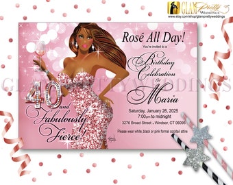 Rosé All Day Sexy Brown Woman Birthday Invitation Pink Glitter Sequin Dress Rose Gold Glitz Bling Party - Printable/Printed - Style: ASHLEY