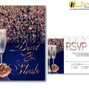 Navy Blue Rose Gold Wedding Invitation, rsvp card Glitter - Champagne Glasses & Rose Gold Rose Flower Navy -  PRINTABLE - Style Name: ALICIA