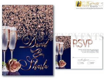 Navy Blue Rose Gold Wedding Invitation, rsvp card Glitter - Champagne Glasses & Rose Gold Rose Flower Navy -  PRINTABLE - Style Name: ALICIA