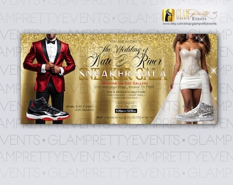 Wedding Dress, Red Burgundy Tuxedo, Wedding Reception Sneaker Ball Soiree Invitation, Sneaker Ball Gala, Prom Sendoff Event - Style: FALYN