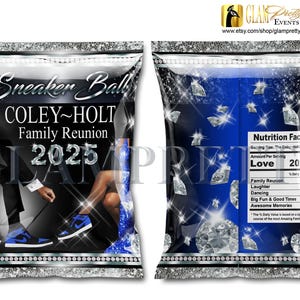 Family Reunion Sneaker Ball Chip Bag, Royal Blue Silver and Black with Diamonds - Annual Family Event Printable Party Favor - Style: LARISA