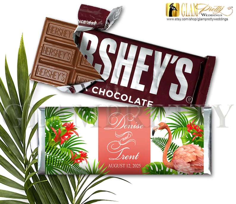 Flamingo Beach Wedding Candy Wrapper Printable Flamingo Tropical Jungle Plants Flowers Style Name: JAYME