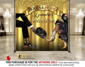 Gold and Black Boots on the Ground, Western Line Dancing Party, Boots & Bling Sweet 16 Backdrop, Family Reunion, Birthday - Style: CISCO