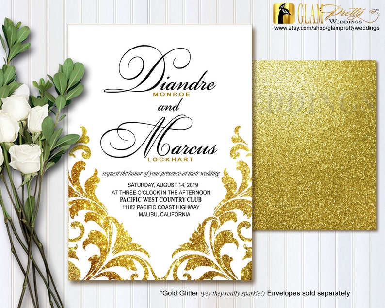 Style Name JILL Printable or Printed White and Gold Glitter Wedding Invitation /& rsvp card