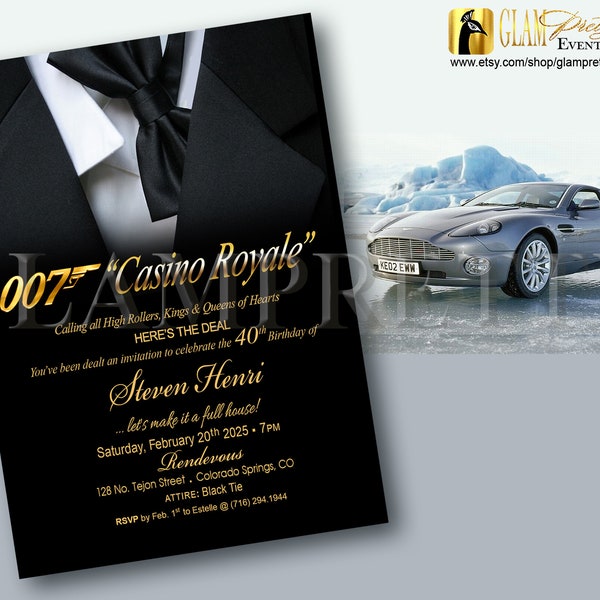 Casino Royale 007 Secret Agent 40th Birthday Invitation Elegant Tuxedo Invite - Men's Any Age Black Tie Party - Printable - Style Name: 007