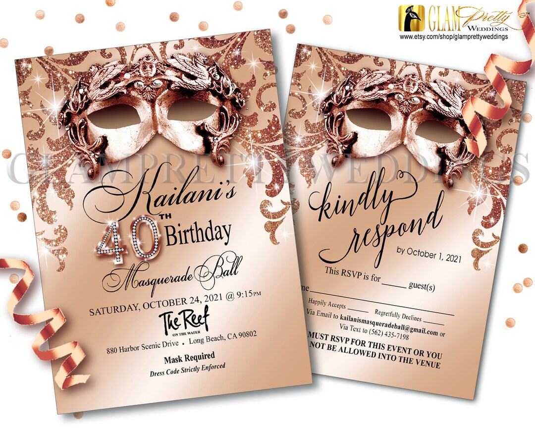 Rose Gold Masquerade Birthday Invitation/rsvp Card Glam Glitz Etsy