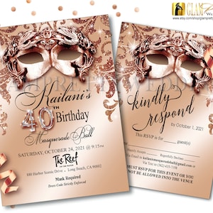 Rose Gold Masquerade Birthday Invitation/rsvp card Glam Glitz Bling Glitter Sparkle Venetian Mask - Style: JILL