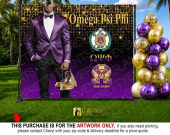Omega Psi Phi Backdrop, Greek Fraternity Purple and Gold 10ftx8ft backdrop - Style: GREEK