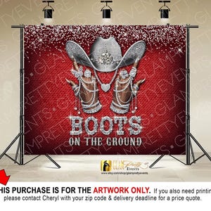 Red Silver Bling Rodeo Fashion Cowgirl Boots on the Ground Backdrop artwork, Western Theme Diamonds Party Backdrop artwork - Style: CLEO