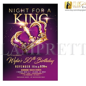 Fit for a King Royal Crown 50th Birthday Invite for Men, Purple and Gold, Night for a King, Regal Purple Gold Royal Crown - Style Name: KING