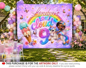 Cloud 9 Birthday Backdrop, Rainbow Unicorn Fairy Party Banner, Unicorn Birthday Backdrop, Pink Purple Custom Party Décor - Style: CLOUD