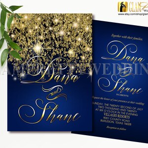 Navy Blue Gold Glitter Wedding Invitation & Rsvp Card - Diamond Dust Glam Sparkle - Style Name: ALICIA