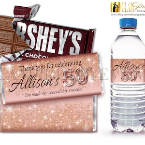 2 piece COMBO Printable Candy Wrapper and Water Bottle Label Party Favors - Rose Gold glitter diamonds - Style Name: ALICIA