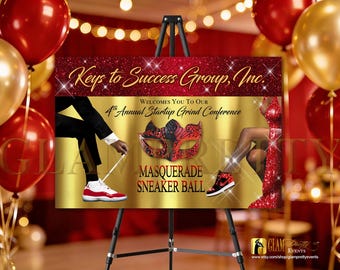 Masquerade Sneaker Ball Welcome Sign, Venetian Mask Sneaker Gala Event, 36x24 Mardigras Welcome Sign Choose your colors - Style Name: LARISA