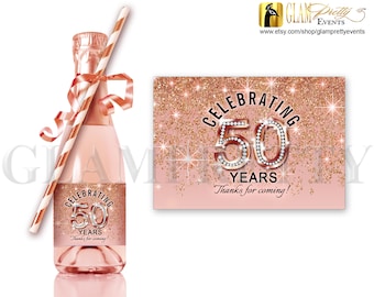 Rose Gold Bling Glitz Printable 50th Birthday or Anniversary mini sparkling wine bottle labels with diamond numbers - Style Name: ALICIA
