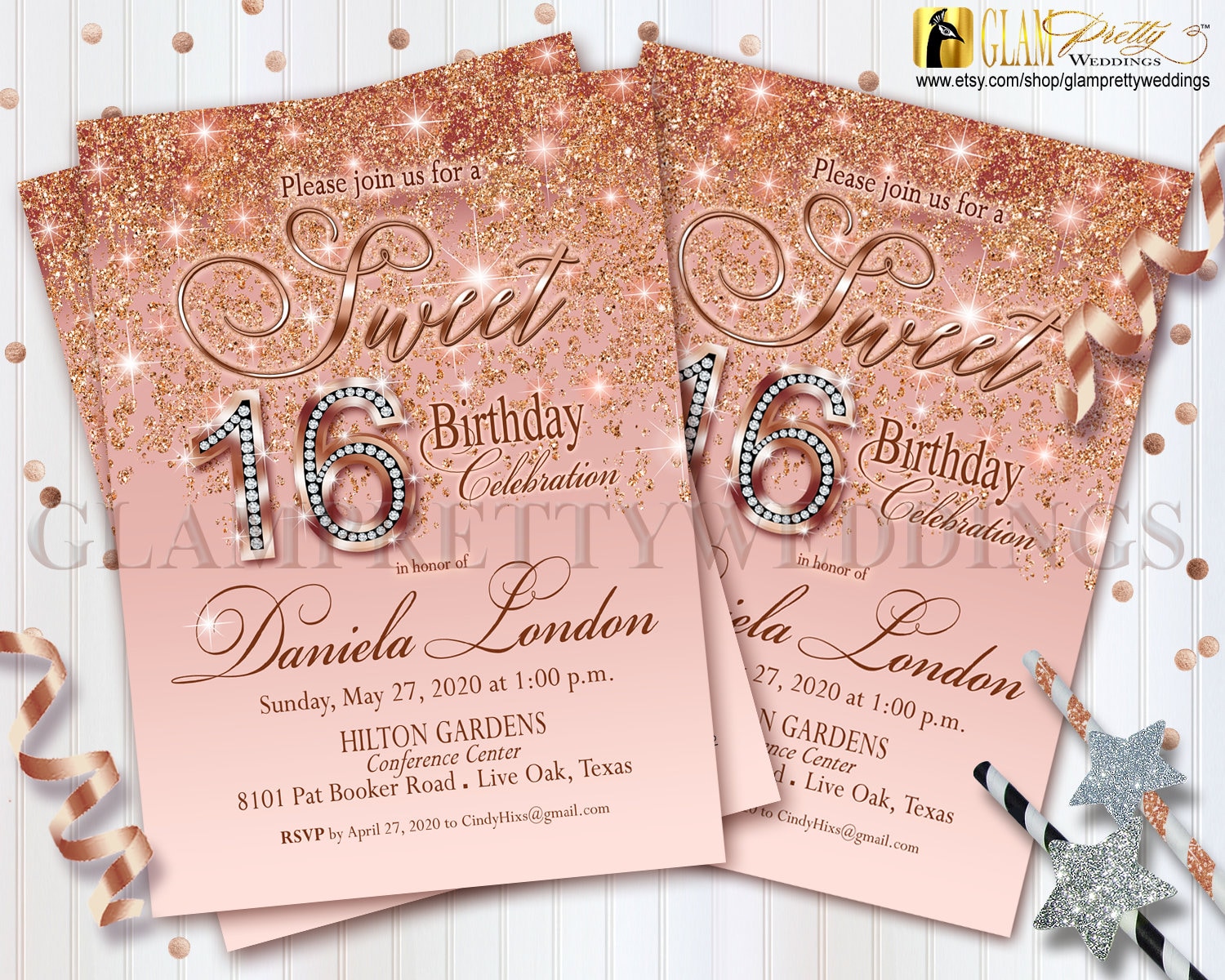 Sweet 16 Birthday Rose Gold Glitter Invitation Diamond Numbers | Etsy