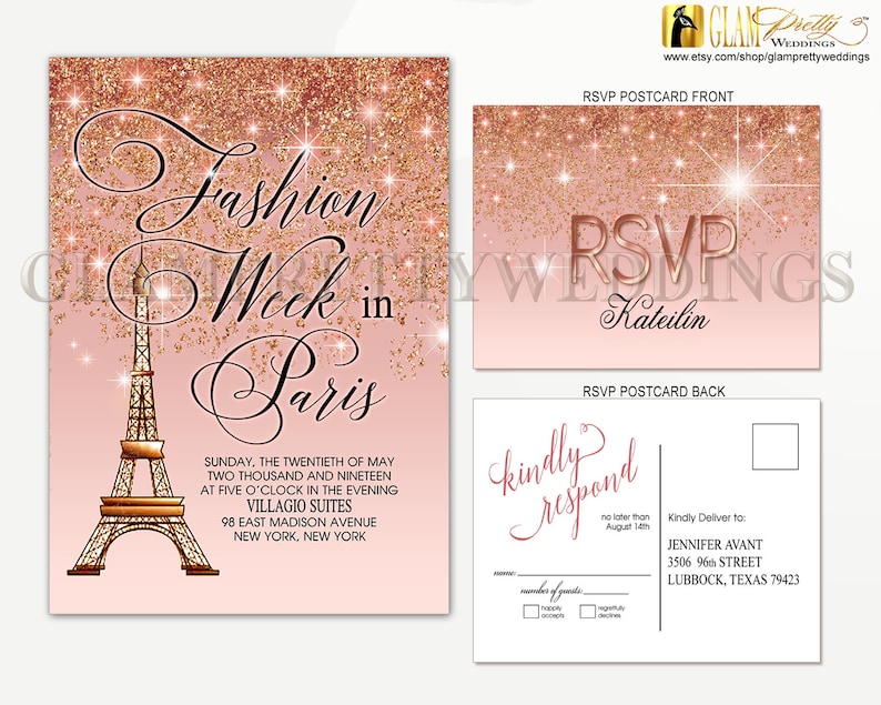Style Name ALICIA Printable Rose Gold Glitter Paris Invites /& Rsvp postcards