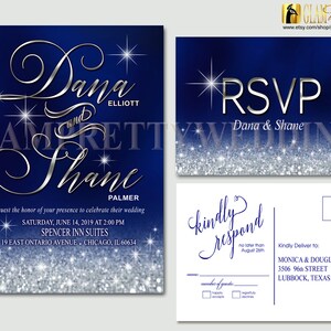 Glitter Wedding Invitation & Rsvp Card Navy and Silver Glitz Bling Royal Blue Ombre - Printable or Printed - Style Name: CELIA