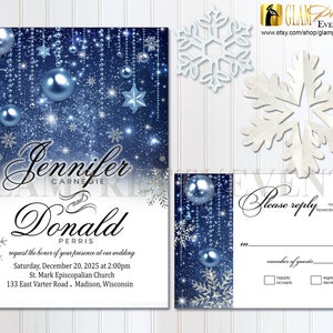 Winter Wedding Invitation and RSVP card Blue & Silver Glitter Sparkle Snowflakes Printable or Printed Style Name: JENNIFER image 1