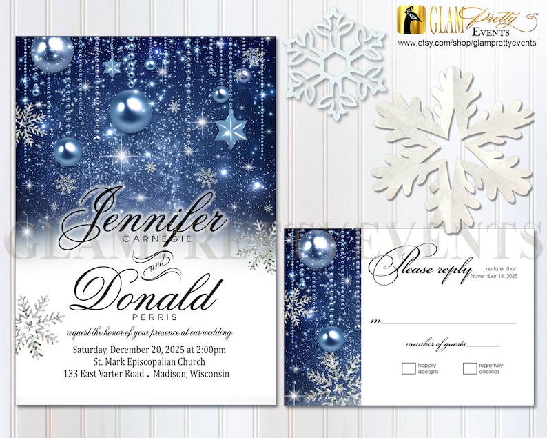 Winter Wedding Invitation and RSVP card Blue & Silver Glitter Sparkle Snowflakes Printable or Printed Style Name: JENNIFER image 1