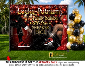 Family Reunion Sneaker Ball Backdrop, Red Black Gold Sneaker Jam Birthday, School Reunion 10ftx8ft banner, Event Party Décor - Style: LARISA