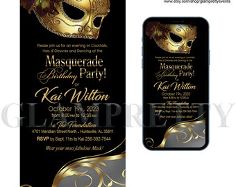 Any Age Birthday Masquerade Invitation Costume Ball Gold & Black Party - PRINTABLE and Text-Ready Digital - Style Name: DAIYA