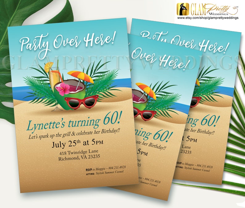 Tropical Beach 60th Birthday Party Invitation Cocktail Palm | Etsy