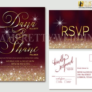 Gold Burgundy Diamond Dust Glitter Ombre Wedding Invitation & Rsvp Postcard Glitz Bling Marsala - Printable or Printed - Style Name: CELIA
