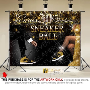 Sneaker Ball Backdrop - Gold and Black Artwork for High School Reunion Sneaker Ball Backdrop - 10ft wide x 8ft high - Style Name: LARISA