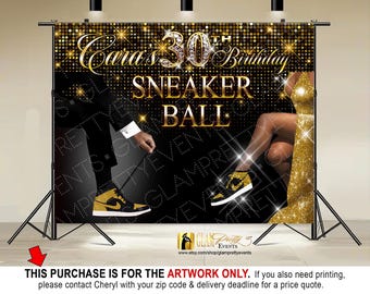 Sneaker Ball Backdrop - Gold and Black Artwork for High School Reunion Sneaker Ball Backdrop - 10ft wide x 8ft high - Style Name: LARISA