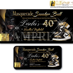 Masquerade Sneaker Ball - Bling Gold Glitter Air Jordan Ones Sneaker Ball invitation flyer - PRINTABLE and Text-Ready - Style Name: LORELEI