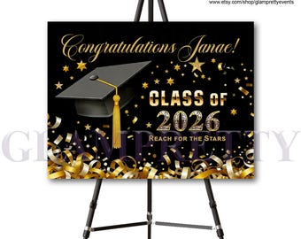 Graduation Welcome Sign, Black and Gold Artwork, Class of 2026 - 36" wide x 24" high - Style Name: GRAD
