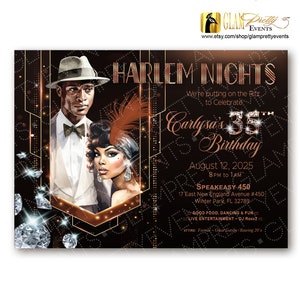 Peut inclure: Une carte d'invitation rectangulaire au th&egrave;me art d&eacute;co noir et dor&eacute; repr&eacute;sentant un homme en fedora et une femme avec une coiffe &agrave; plumes. Le texte inclut Harlem Nights, Carlysa's 35th Birthday, 12 ao&ucirc;t 2025 et les d&eacute;tails de l'&eacute;v&eacute;nement.
