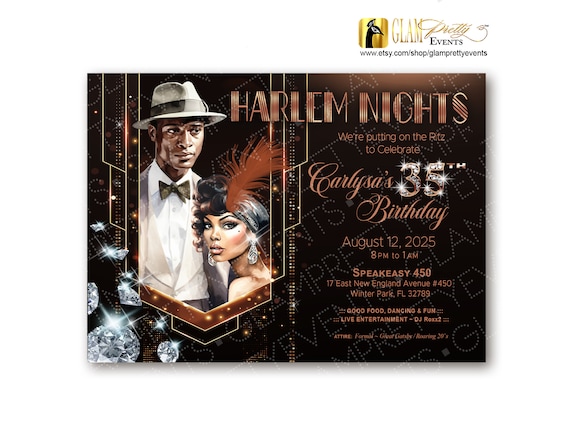 Harlem Nights Birthday Invite rose gold, Roaring Twenties Great Gatsby Speakeasy Party Invitation - Printable or Printed - Style Name: CARLY