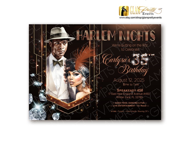 Peut inclure: Une carte d'invitation rectangulaire au th&egrave;me art d&eacute;co noir et dor&eacute; repr&eacute;sentant un homme en fedora et une femme avec une coiffe &agrave; plumes. Le texte inclut Harlem Nights, Carlysa's 35th Birthday, 12 ao&ucirc;t 2025 et les d&eacute;tails de l'&eacute;v&eacute;nement.