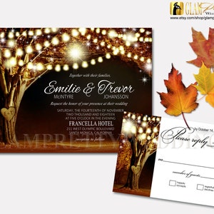 Golden Leaves Autumn Wedding Invitation & RSVP card Rustic String Lights Oak Tree Names Carved in Tree - PRINTABLE File - Style Name: VIVIAN
