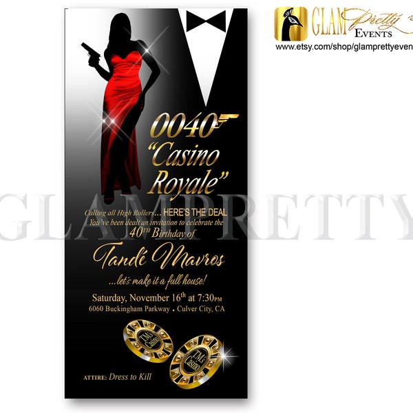 Casino Royale 007 Secret Agent Jayne Bond, James Bond Girl, Red Gold Black Vegas 40th Birthday Invitation - PRINTABLE - Style Name: JAYNE
