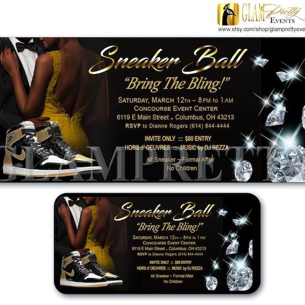Sneakers and Diamonds Bling Gold and Black - Formal Event Black Tie Couple - Any Age Birthday invite - PRINTABLE/Digital - Style Name: TASHA